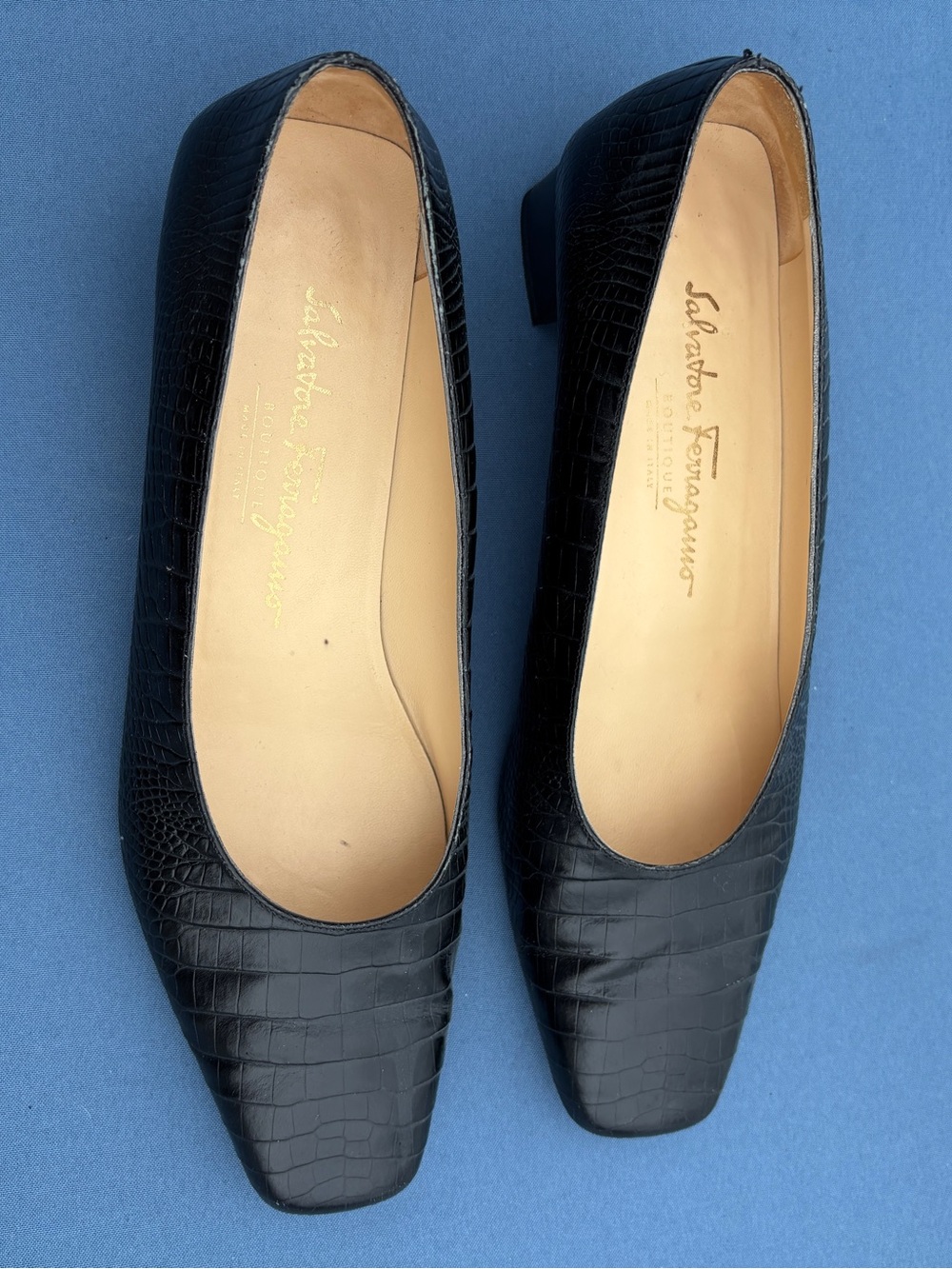 Ferragamo Faux Crocodile Block Heel Low Pump